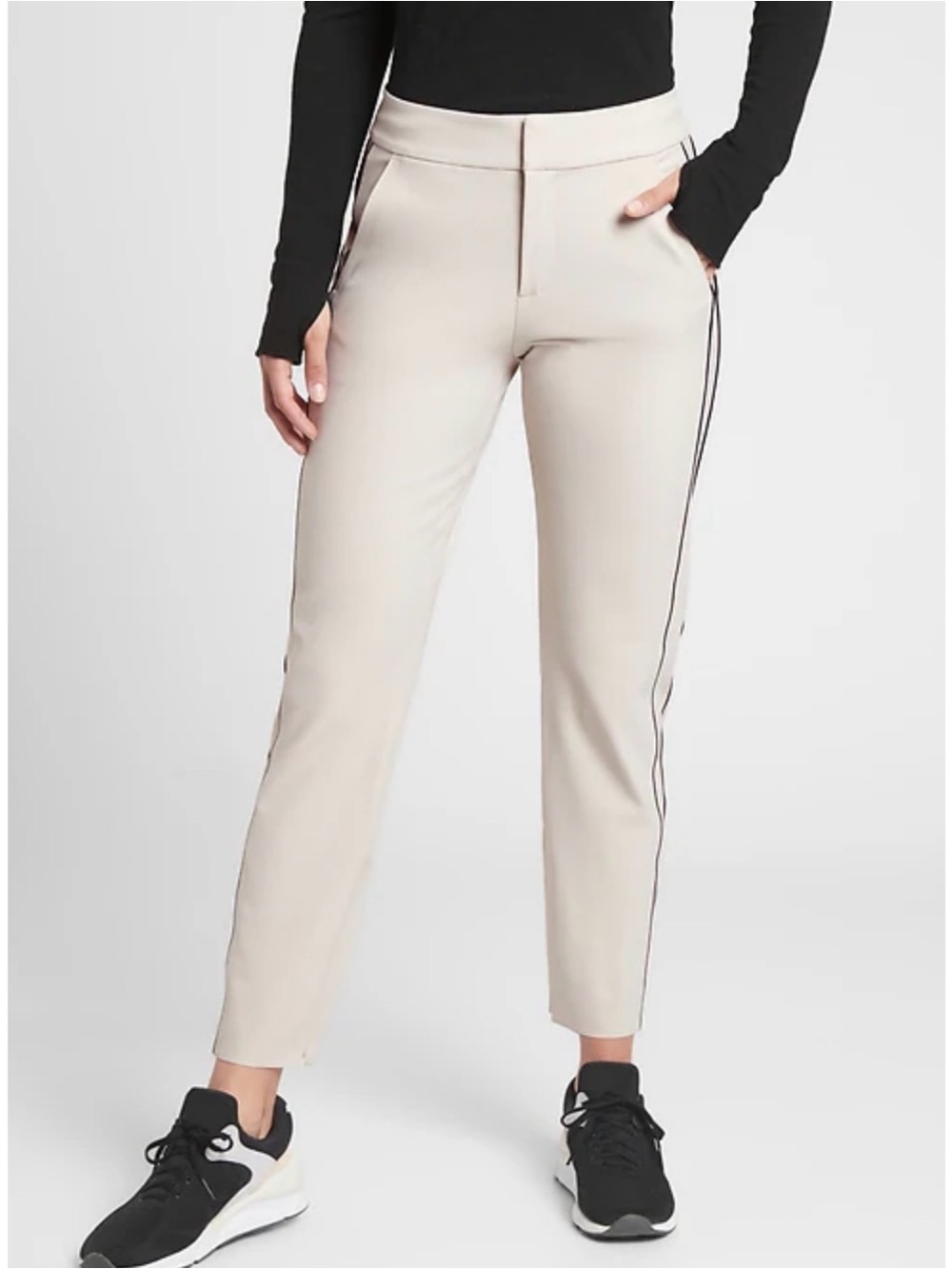 (NWT) Athleta Stellar Novelty Trousers Size 4 Beige Black Piping Athleisure